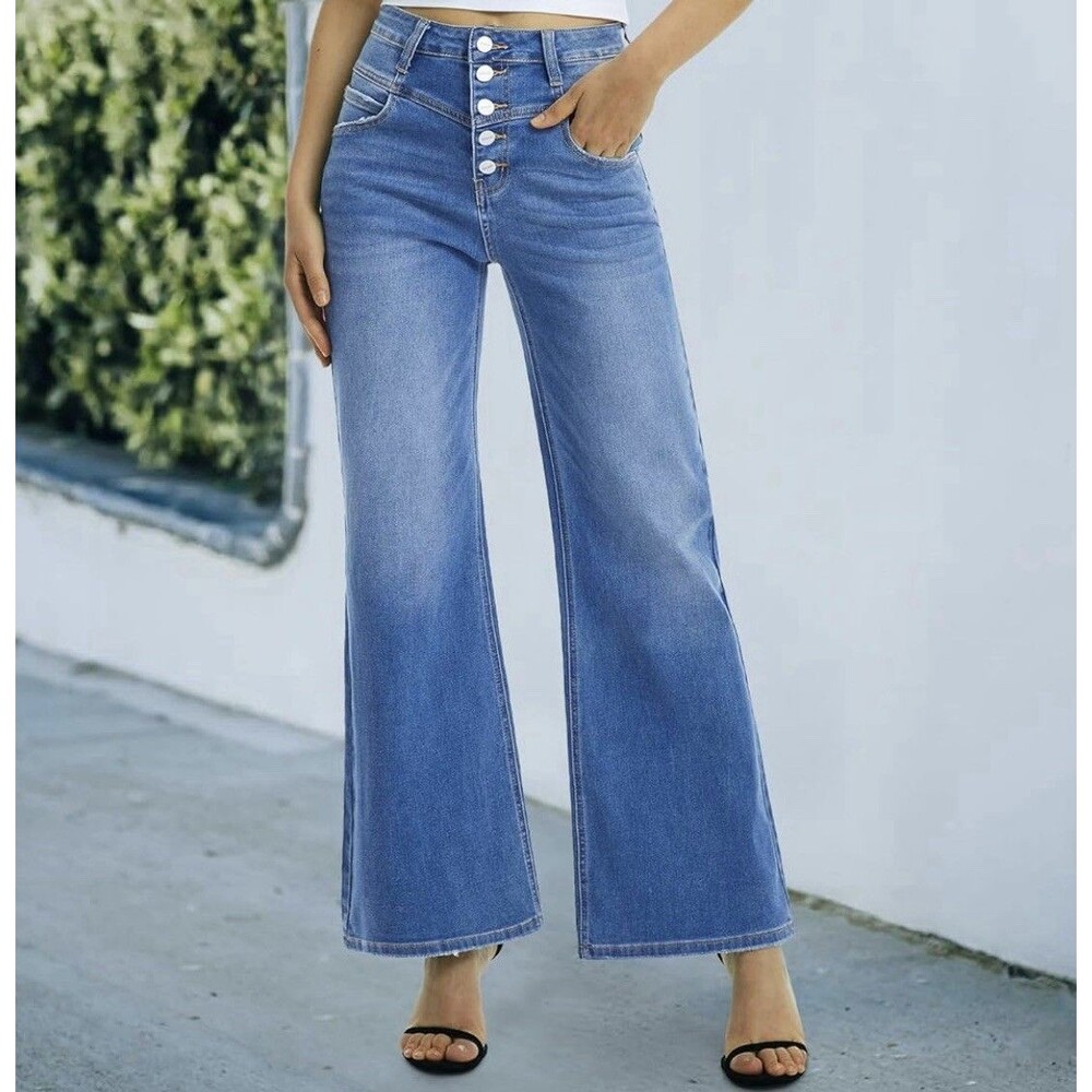 ONESO Button Fly Flare Stretch Boho Jeans Women's Size 14